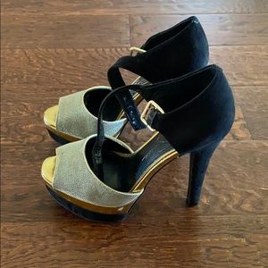 Black Suede gold/silver platform stiletto heels